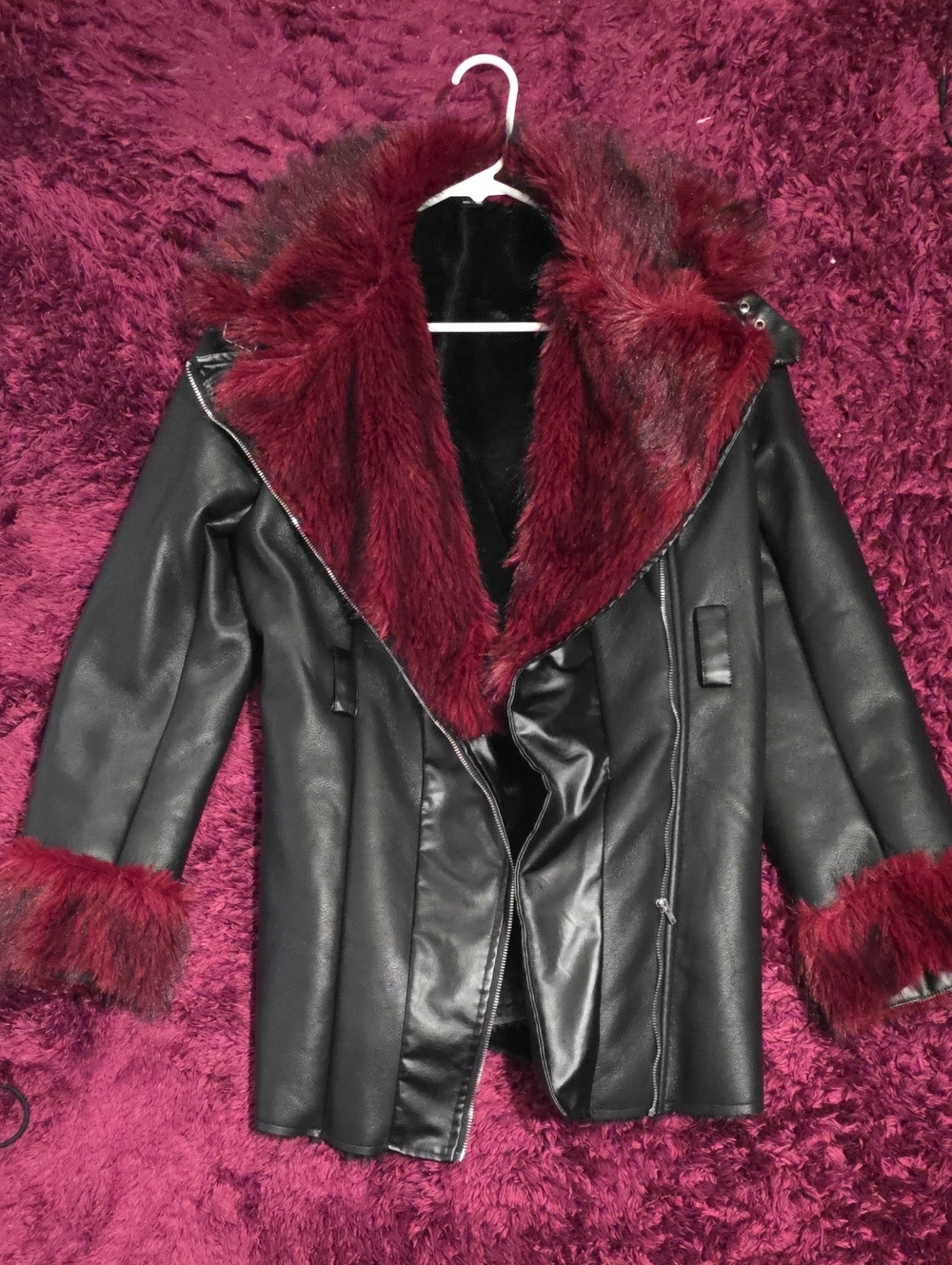 Black Faux Leather Jacket with Burgundy Faux Fur Trim